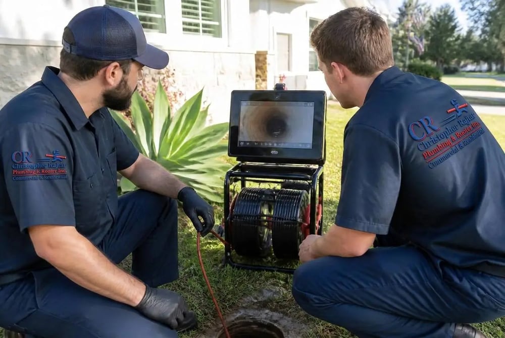 Sewer camera inspection locating a blockage in a main sewer line in La Crescenta