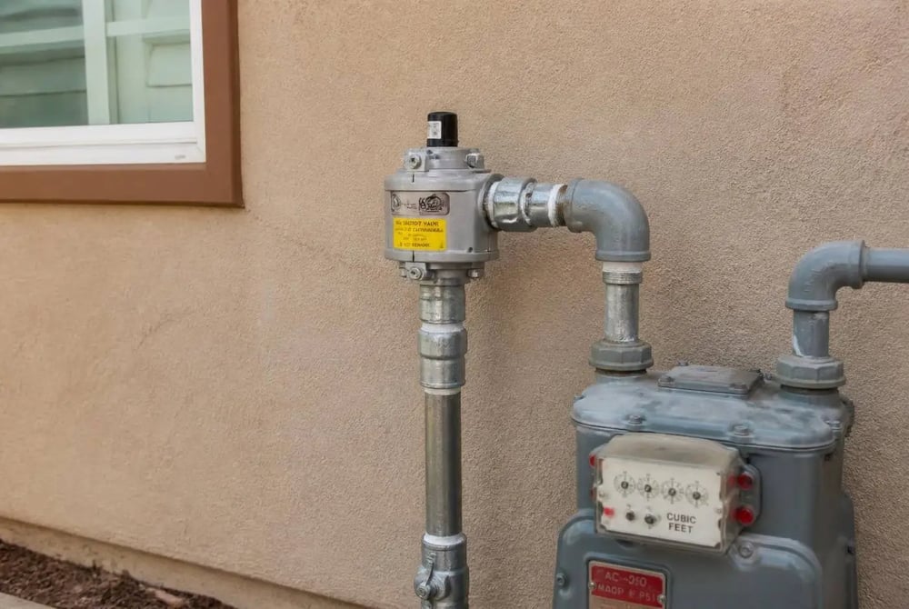 Earthquake gas shutoff valve mounted on a residential gas line in La Crescenta