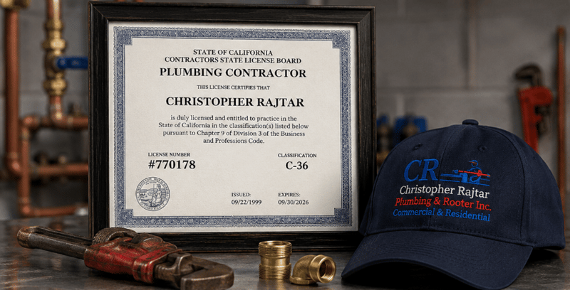 Framed California C-36 plumbing contractor license #770178 for Christopher Rajtar beside a branded company cap and pipe wrench