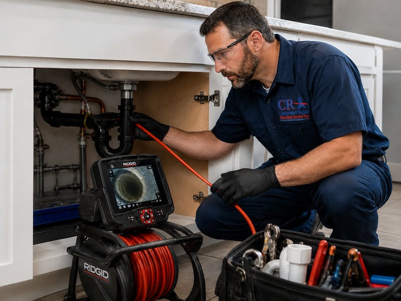 Christopher Rajtar Plumbing technician running a fiber-optic sewer camera under a kitchen sink with the inspection monitor showing the pipe interior