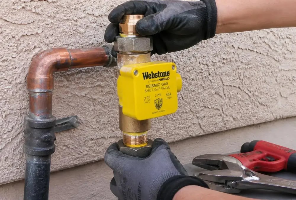 Seismic gas shutoff valve installation at a residential gas meter in La Crescenta