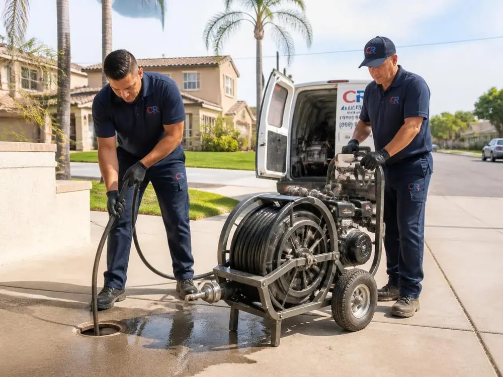 Technician clearing a blocked drain line during a drain cleaning service in La Crescenta