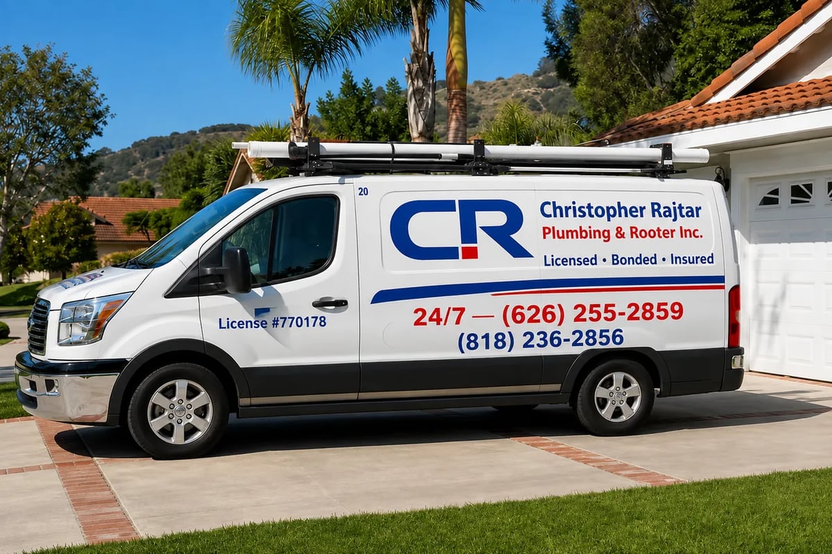 Christopher Rajtar Plumbing & Rooter Inc. branded service van parked in a Southern California driveway