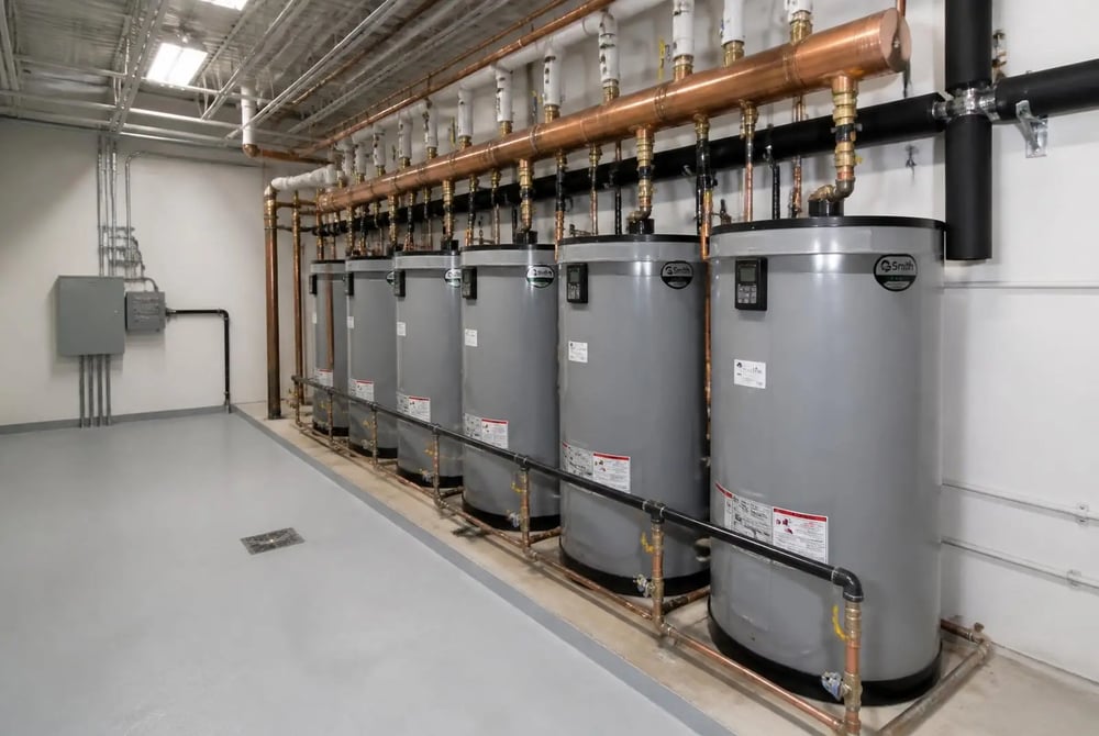 Bank of commercial water heaters installed and piped by our crew in La Crescenta