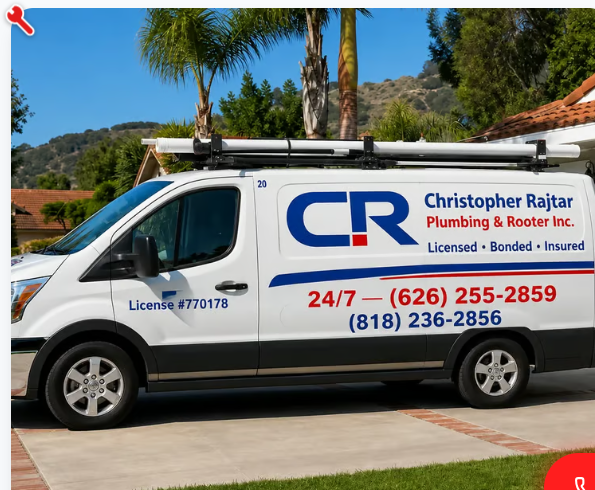 Christopher Rajtar Plumbing & Rooter service van parked in a La Crescenta driveway, branded with the CR logo, license number, and 24/7 phone numbers