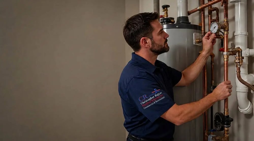 Technician repairing a water heater and testing the gas valve in La Crescenta